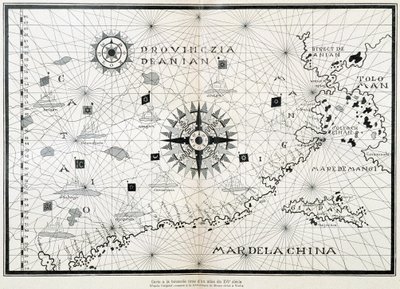 Mapa kompasu z atlasu ze 16. století podle originálu dochovaného v knihovně Museo Civico v Benátkách od (after) Italian School