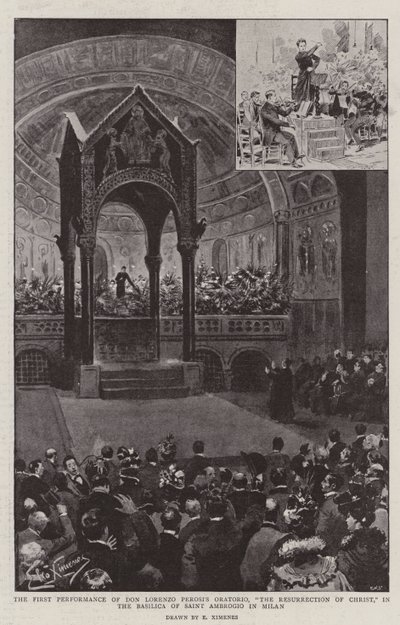 První provedení oratoria Dona Lorenza Perosiho „Vzkříšení Krista“ v bazilice Saint Ambrogio v Miláně (litho) od (after) Italian School