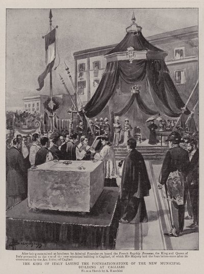 Italský král pokládá základní kámen nové městské budovy v Cagliari (litho) od (after) Italian School