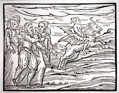 Čarodějnice obkročmo na ďábelské koze, kopie ilustrace z „Compendium Maleficarum“ od pana F. Guaccius, Milán 1608, použitá v „Dějinách magie“, vydané koncem 19. století (dřevořez) od (after) Italian School