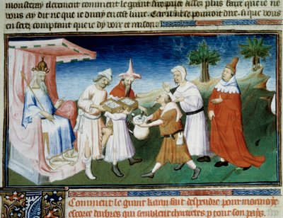 Qubilai (Kubilai Khan, první císař mongolské dynastie Yuan (1215-1294) platí za své nákupy miniaturními mincemi z kůry Murier převzatými z knihy Marca Pola „The Book of Wonders““ („World Devisement“, „“Il Milione“). ilustroval Mistr Boucic od (and workshop) Boucicaut Master