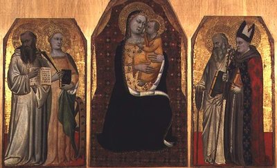 Triptych: Madona s dítětem po stranách čtyř svatých (tempera na panelu) od (attr to) Puccio di Simone