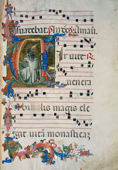 Iluminovaná iniciála s postavou sv. Romualda (chorál 8, cca 76), pro sborovou knihu 8 Santa Maria degli Angeli od (c.1370 1425) Lorenzo Monaco