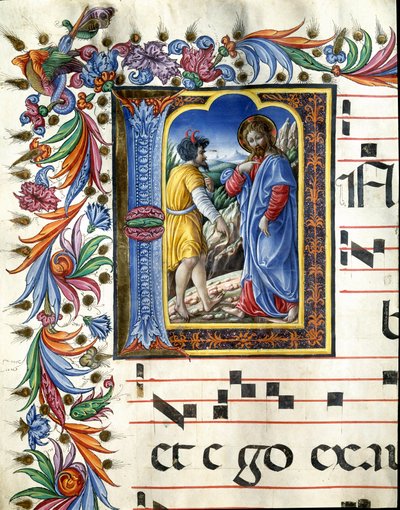 Decoree lettrine zobrazující pokušení Krista Miniatura od Liberale da Verona (1445-1529) z chóru (Cod. 20/5. c.45v) z katedrály v Sieně. Katedrála (Duomo) z 15. století v Sieně, Itálie od (c.1445 1527) Liberale da Verona