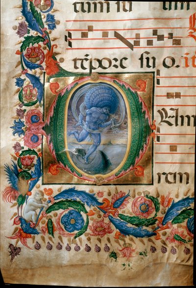 Lettrína se znázorněním Aeola, strážce větrů. (Miniaturní od (c.1445 1527) Liberale da Verona