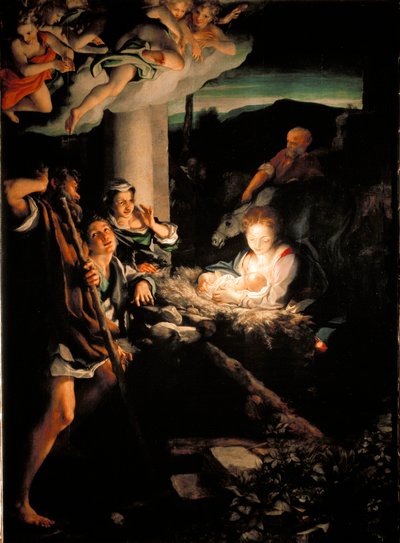 Svatá noc (Nativite). Obraz Antonia Allegriho dit Il Correggio (Correge od (c.1489 1534) Correggio