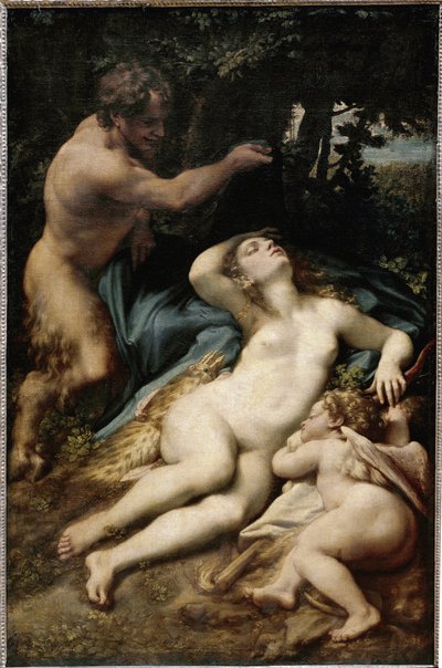 Jupiter a Antiope (nebo Venuše s amorem a satyrem) (olej na plátně od (c.1489 1534) Correggio