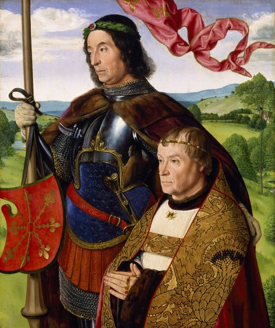 St Maurice (nebo St Victor) s dárcem, cca 1500-05 (olej na panelu) od (fl.c.1483 c.1529) Master of Moulins