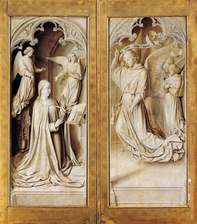 Zvěstování v grisaille (monochromatická šedá), vnější křídla triptychového oltářního obrazu (asi 1489-1502) od mistra z Moulins, v katedrále Notre-Dame, Moulins, Francie. od (fl.c.1483 c.1529) Master of Moulins