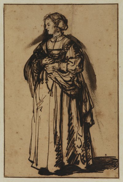Umělcova manželka Saskia stojí a v rukou drží květiny od (workshop of) Rembrandt Harmensz. van Rijn