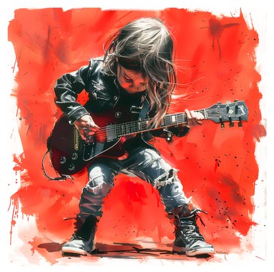 Dítě hraje rockovou elektrickou kytaru, Hudební umění obrazy na prodej, plátno umělecké výtisky od F. Abderrahim