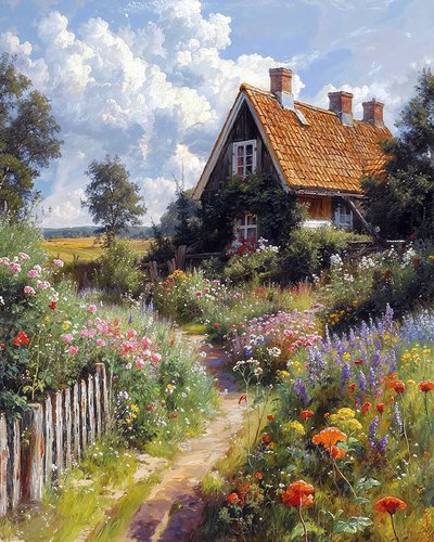Pěkný dům, květinová zahrada, botanická krajina, výtisky na plátně od F. Abderrahim