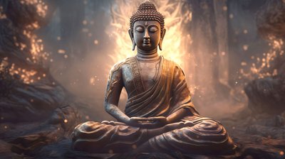 Realistický portrét Buddhy vsedě, klidná meditace, duchovní domácí dekorace na zeď od F. Abderrahim