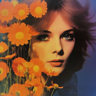 Vintage žena portrét  květiny, Retro květinové vize, online umělecké výtisky od F. Abderrahim