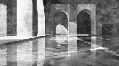 Oblouky a brány v mramorovém paláci, architektura, Černobílé, nástěnné dekorace, výtisky od F. Abderrahim