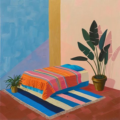 Minimalistická mexická postel ve stylu Davida Hockneyho, výtisky na požádání od F. Abderrahim