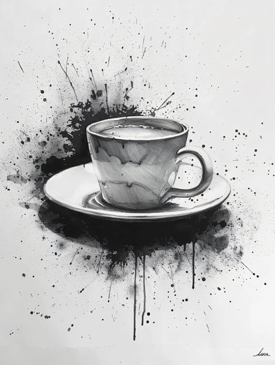 Minimalistické Single-Line Noir Scene s kávovou skvrnou Highlights, online umělecké výtisky od F. Abderrahim