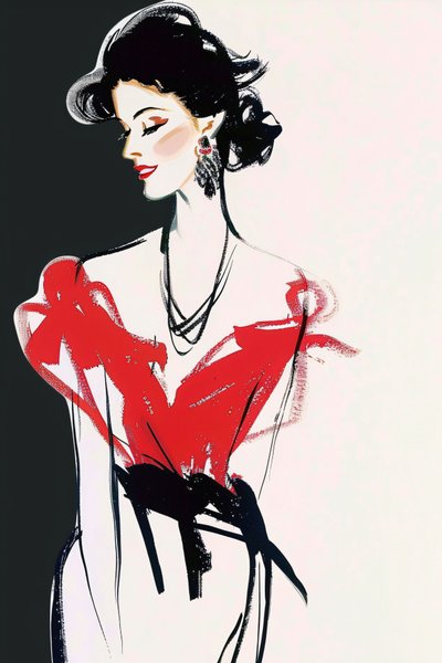Paříž Móda, Červené a černé šaty, René Gruau styl, francouzské Lady Pózování Makeup od F. Abderrahim