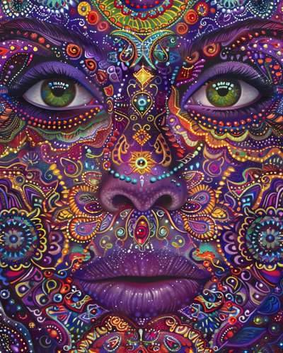 Psychedelická žena s barevnou tváří duchovní  Mandala vzory, plátno umělecké výtisky od F. Abderrahim