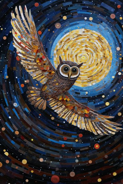 The Owl Flying Through the Starry Night Sky, online tisk na plátně na zakázku od F. Abderrahim