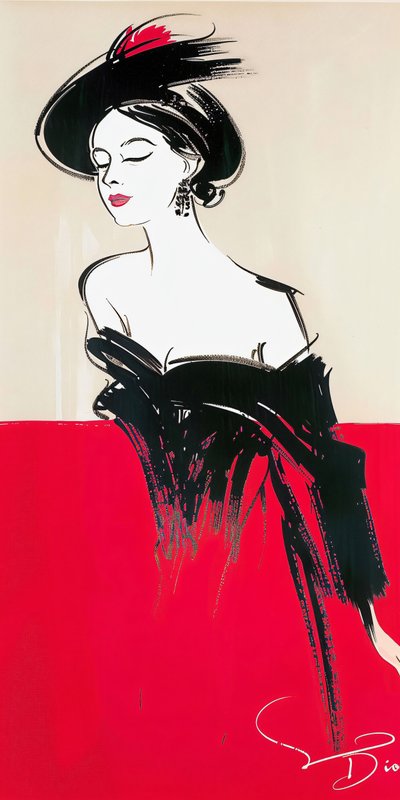 Žena pózuje s make-upem, červené a černé šaty, inspirace René Gruau, móda 60. let od F. Abderrahim