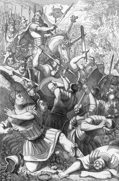 Cheruský náčelník Arminius (18 př. n. l. – 21 n. l.) v bitvě u Teutoburgu (Teutoburger Wald nebo Teutberg) stojící proti Římanům proti Germánům v roce 9 n. l. (Cheruskové pod vedením Arminia (Hermanna) porazili 17.–19. římské legie pod Varusem v Teutobursk od 19th Century Polish School