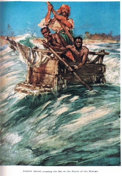 Battell dorazí k ústí Mbengo, ilustrace z „Země zlatého obchodu“, kterou vydal Jack v roce 1921 od A.D. McClintock