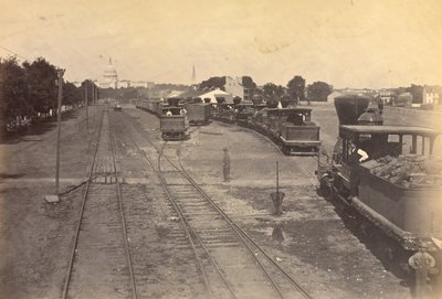 č. 189. Maryland Avenue Depot, Washington, D.C., s motory vyslanými z Alexandrie pro jistotu. od A.J. Russell