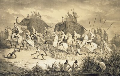 Kavalkáda sikhských náčelníků na slonech, z „Voyage in India“, vyryté hospodou Louis Henri de Rudder (1807-81). v Londýně od A. (after) Soltykoff