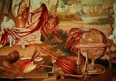 Evropa, z tapiserie čtyř světových stran, detail hudebních nástrojů vpravo dole, počátek 18. století. od A. Baertams
