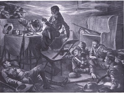 Zabití dvou mužů z Comptons Horse při psaní dopisů domů, ilustrace z After Pretoria: The Guerilla War, 1902 od A. C. Ball