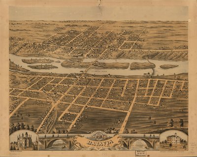 Pohled na Batavii, okres Kane, Illinois, z ptačí perspektivy, 1869. LOC 73693342 od A.; Chicago Lithographing Co. Ruger