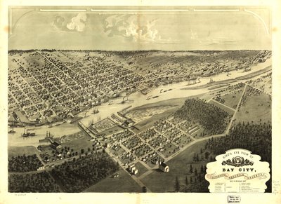 Pohled z ptačí perspektivy na Bay City, Portsmouth, Wenona  Salzburg, Bay Co., Michigan 1867. LOC 73693424 od A.; Chicago Lithographing Co. Ruger