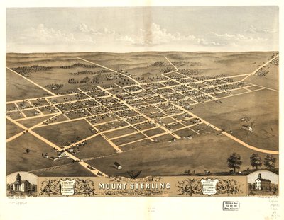 Pohled z ptačí perspektivy na Mount Sterling, Brown County, Illinois 1869. LOC 73693365 od A.; Chicago Lithographing Co. Ruger