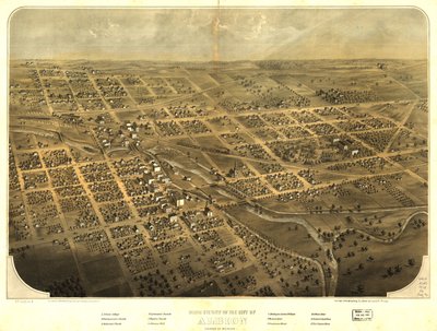 Pohled z ptačí perspektivy na město Albion, Calhoun Co., Michigan. LOC 73693419 od A.; Chicago Lithographing Co. Ruger