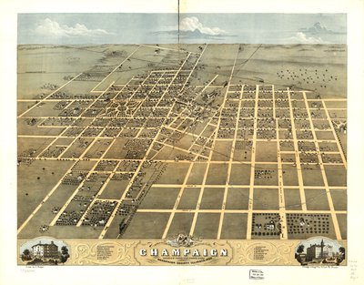Pohled z ptačí perspektivy na město Champaign, Champaign County, Illinois 1869. LOC 73693348 od A.; Chicago Lithographing Co. Ruger