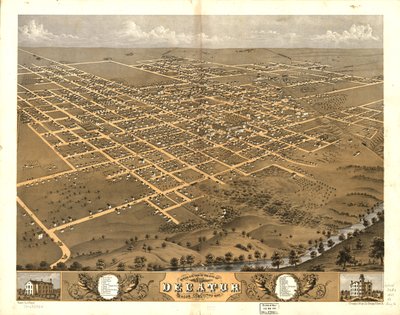 Pohled z ptačí perspektivy na město Decatur, Macon Co., Illinois 1869. LOC 73693354 od A.; Chicago Lithographing Co. Ruger