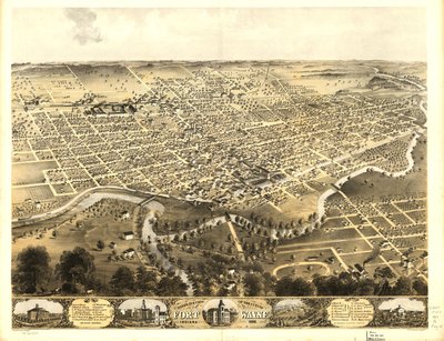Pohled na město Fort Wayne ve státě Indiana z ptačí perspektivy v roce 1868. LOC 73693381 od A.; Chicago Lithographing Co. Ruger