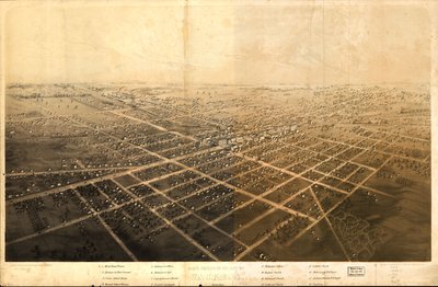 Pohled na město Jackson ve státě Michigan z ptačí perspektivy. LOC 73693433 od A.; Chicago Lithographing Co. Ruger