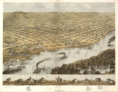 Pohled na město La Crosse ve Wisconsinu z ptačí perspektivy v roce 1867. LOC 73694545 od A.; Chicago Lithographing Co. Ruger