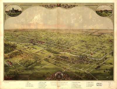 Pohled z ptačí perspektivy na město Lansing, Michigan 1866. LOC 73693436 od A.; Chicago Lithographing Co. Ruger