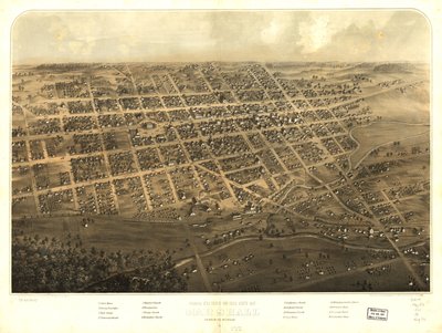 Pohled z ptačí perspektivy na město Marshall, Calhoun Co., Michigan. LOC 73693437 od A.; Chicago Lithographing Co. Ruger