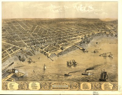 Pohled z ptačí perspektivy na město Muskegon, Muskegon Co., Michigan 1868. od A.; Chicago Lithographing Co. Ruger