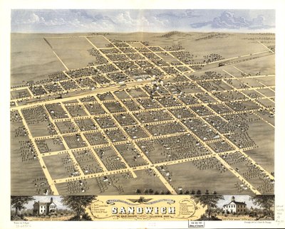 Pohled z ptačí perspektivy na město Sandwich, okres De Kalb, Illinois 1869. LOC 73693372 od A.; Chicago Lithographing Co. Ruger