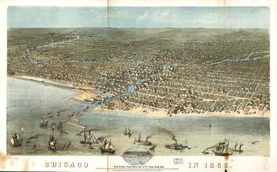 Chicago v roce 1868 ze severní strany Schiller Street na jižní stranu 12. ulice. LOC 73693350 od A.; Chicago Lithographing Co. Ruger