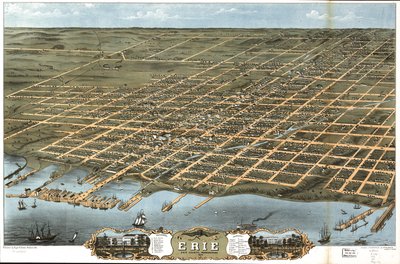 Pohled z ptačí perspektivy na město Erie, Erie County, Pennsylvania 1870. od A. Chicago Lithographing Co. Ruger and Stoner Ruger