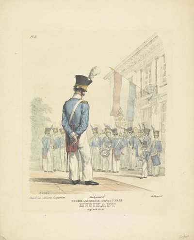 Hudebník v plné uniformě Hudebník v celých šatech, 1820-1825 Nederlandsche Infanterie Musikant ve skvělé uniformě (název na předmětu) Vojenské kostýmy Nizozemského království. Věnováno Jeho Excelenci Willemu van Bylandtovi (název série na obj od A. Courtois