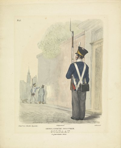 Voják v posádkové výstroji, 1820-1825 Holandská pěchota. Voják v partyzánské uniformě (titul na předmětu) Vojenské kostýmy Nizozemského království. Věnováno Jeho Excelenci Willemu van Bylandtovi (název série na objektu) od A. Courtois