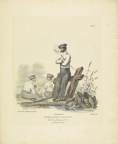 Voják v kasárenské uniformě, 1820-1825 Holandská pěchota. Voják v kostýmu Kaserne (titul na předmětu) Vojenské kostýmy Nizozemského království. Věnováno Jeho Excelenci Willemu van Bylandtovi (název série na objektu) od A. Courtois