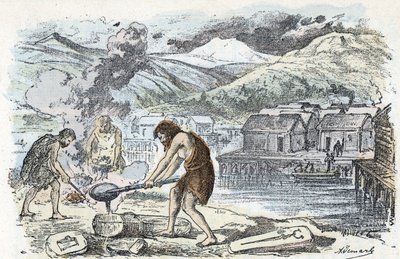 Pravěk, doba bronzu: slévárna poblíž sídliště na chůdách Rytina z „“ La nature et l